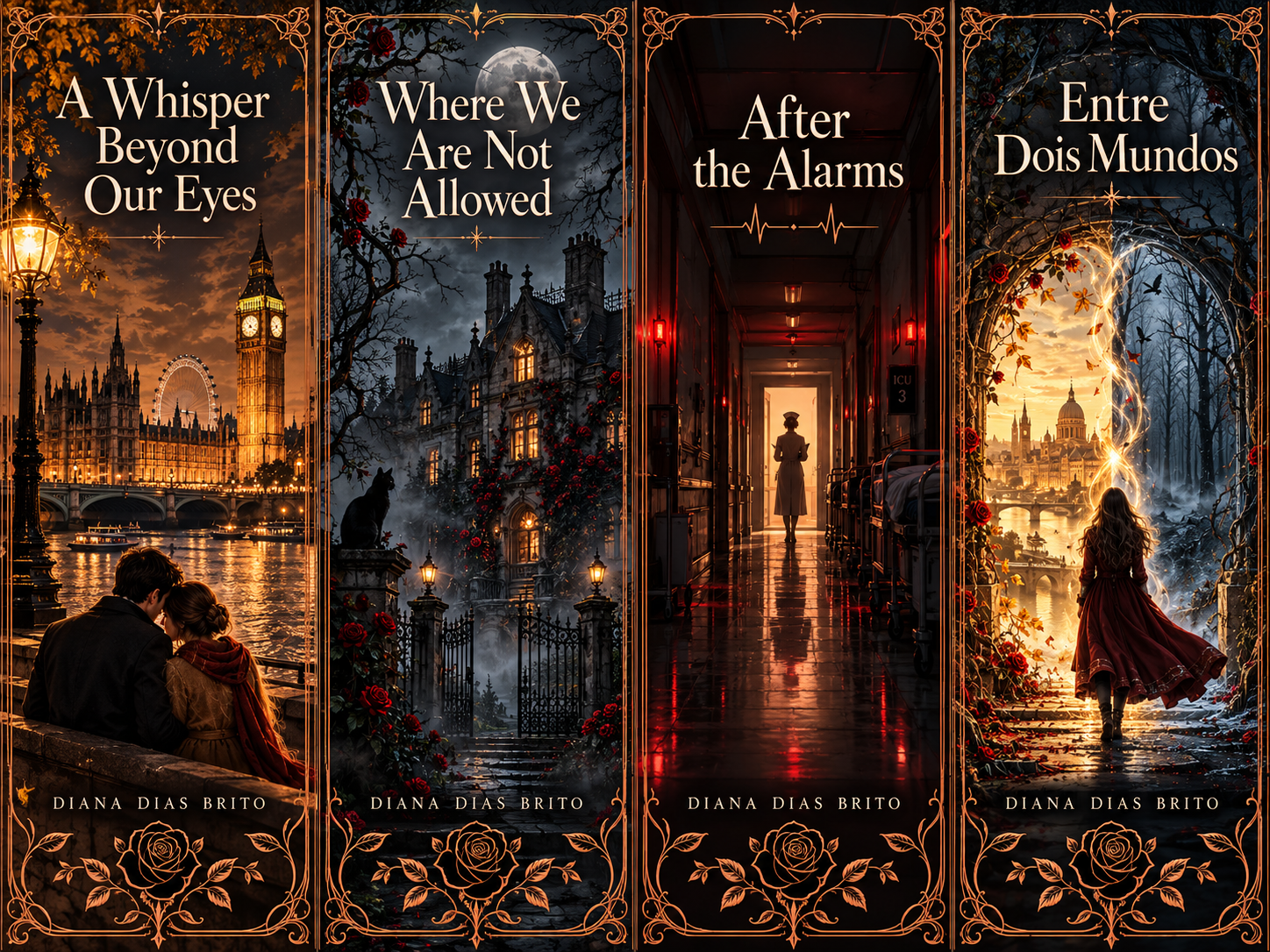 Preview of four printable bookmarks with original illustrations inspired by Diana Dias Brito’s books