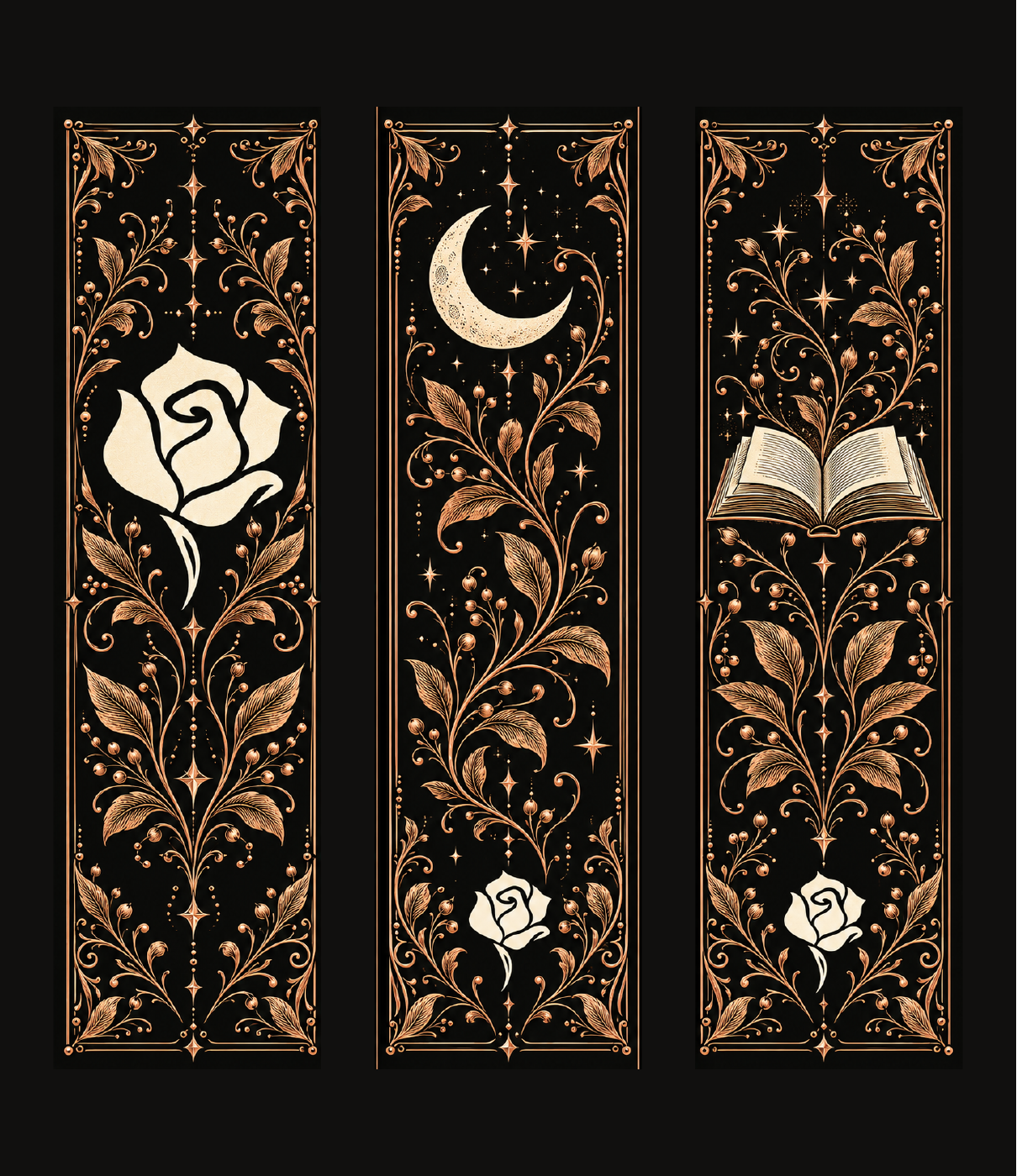 Three deluxe brand bookmark fronts: a rose, crescent moon and open book