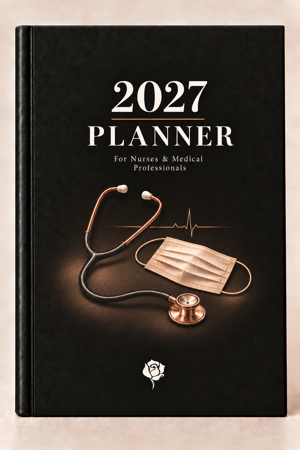 2027 hardcover planner for nurses and medical professionals, black cover with copper rose and stethoscope line art