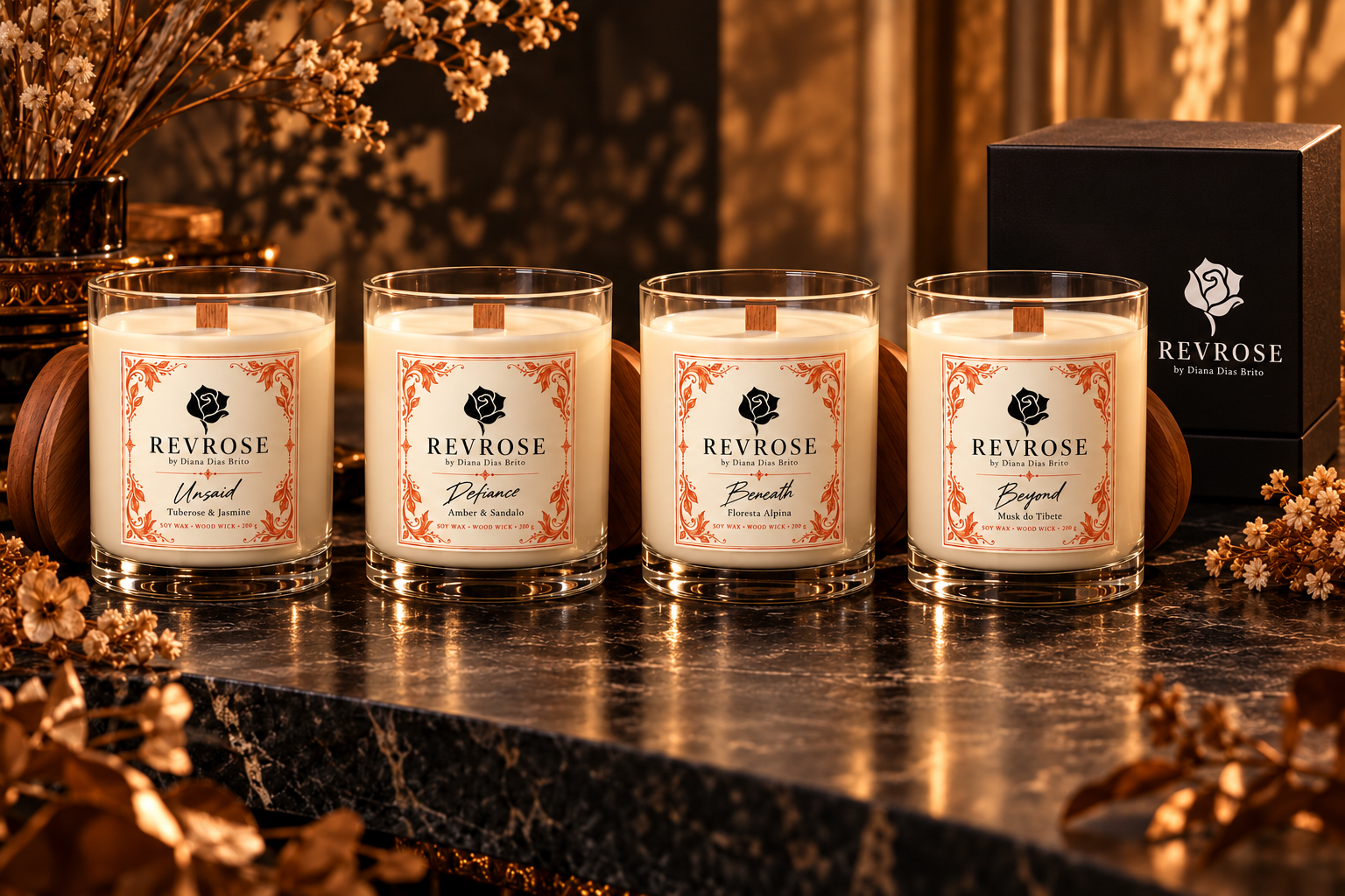 Design preview of the four REVROSE candles: Unsaid, Defiance, Beneath and Beyond, with ivory and copper labels and handwritten names